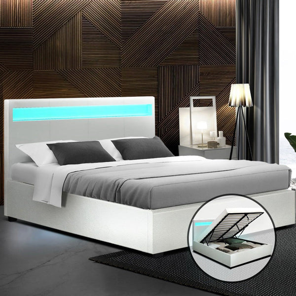 LED Bed Frame Double Full Size Gas Lift Base With Storage White Leather